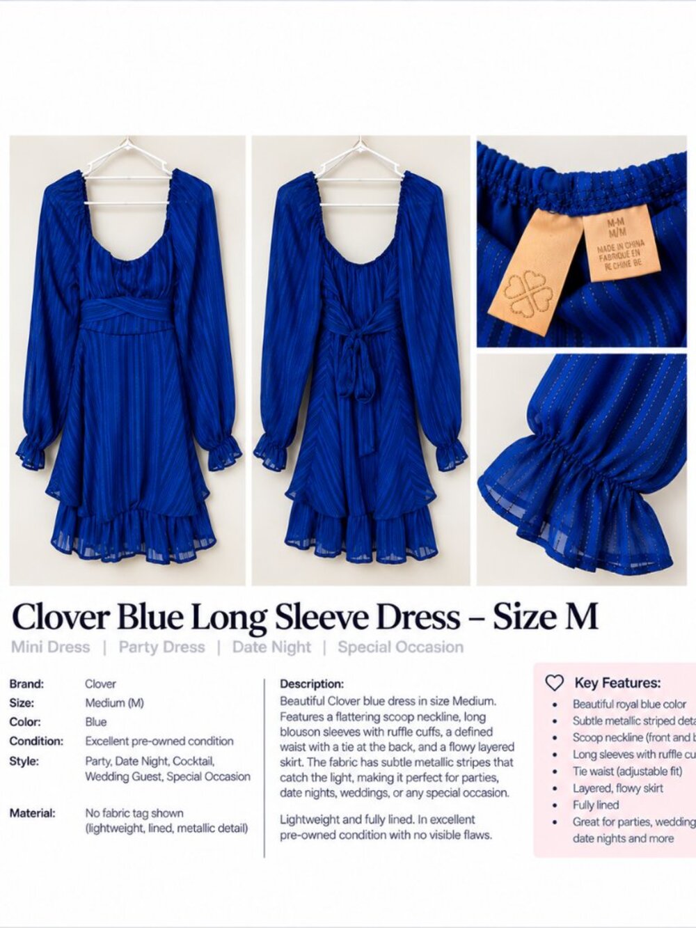 Love Tree Royal Blue Metallic Stripe Long Sleeve Mini Dress Size M
